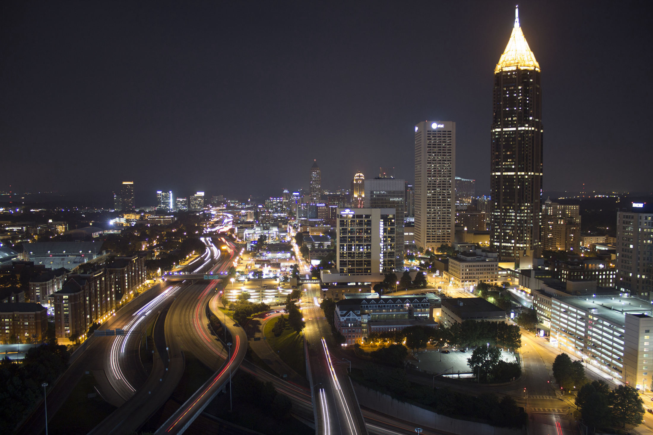 Midtown Atlanta at night from above, Bank of America Plaza and the Downtown Connector